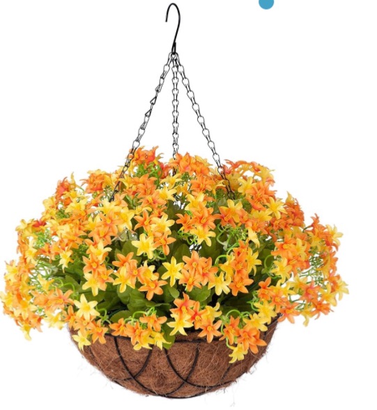 Photo 1 of Artificial Flowers with Hanging Basket for Home Courtyard,6 Branches Silk Daisy FlowersFake Plant Arrangement in12 inch Coconut Lining Basket for Outdoors Indoors Spring Decor(Oranger)