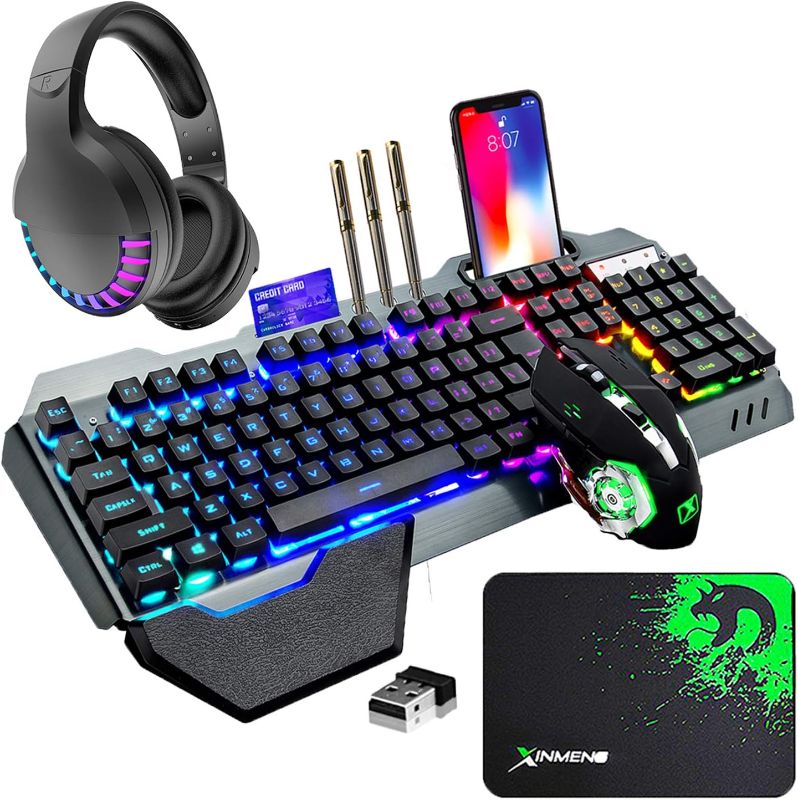 Photo 1 of Wireless Gaming Keyboard Mouse Bluetooth Headset Kit with 16 RGB Backlit Rechargeable Battery Metal Mechanical Ergonomic Waterproof Dustproof Removable Palm Rest for Laptop PC Gamer(Rainbow RGB)
