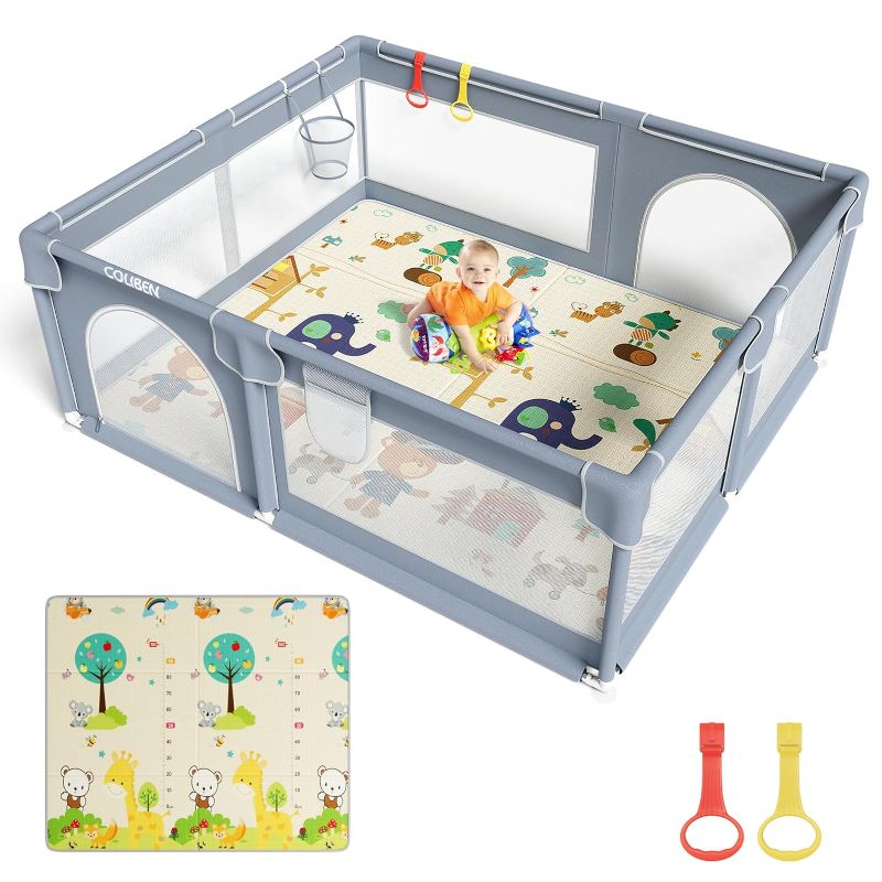 Photo 1 of Baby Playpen with Folding Mat, 71" X 59" X 26.5" Playpen for Babies and Toddlers with Zipper Gate Anti-Slip Suckers, Safety Baby Playard Fence Activity Center for Indoor and Outdoor Use
