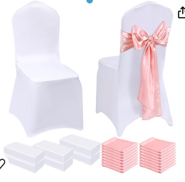 Photo 1 of 100 Pcs Wedding Chair Covers 50 Stretch Spandex Chair Covers with 50 Decorative Elastic Chair Sash Silk Chair Bows for Wedding Banquet Dining Kitchen Party Decoration(Rose Gold, White)