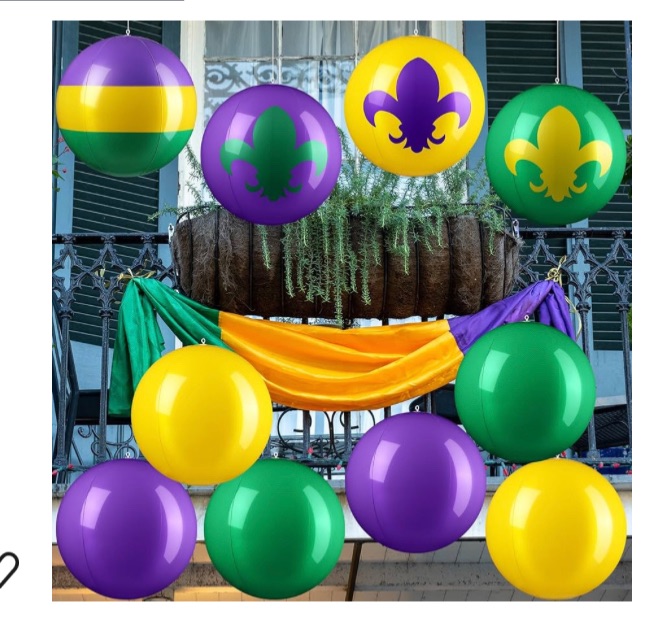 Photo 1 of 10 Pack Inflatable Mardi Gras Decorations PVC Mardi Gras Inflatables Ball Blow Up Mardi Gras Hanging Outdoor Carnival Decorations for Mardi Gras Outdoor Garden Yard Lawn Door Party Decorations