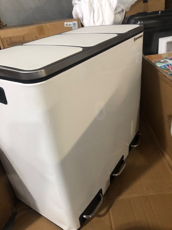 Photo 10 of ***MISSING ONE CAN INSERT*DENTS ON THE LEFT SIDE*PICTURED***
SONGMICS Trash Can, 3 x 4.8 Gallon Garbage Can, 14.4 Gallon Recycle Bin with Soft-Close Lids, Pedals, and Inner Buckets for Kitchen, Stainless Steel, White ULTB154W01