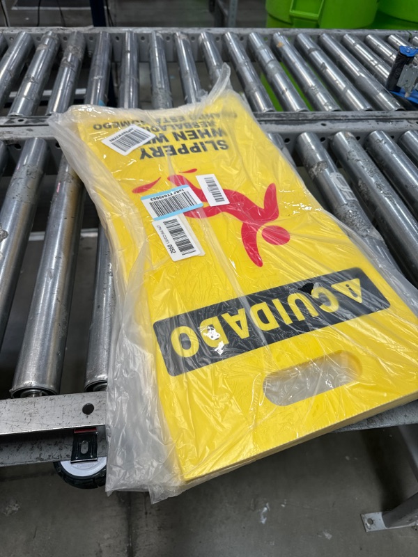 Photo 2 of MATTHEW CLEANING 25'' Industrial Wet Floor Sign 3 Pack 2-Sided Durable Corrugated Plastic Birght Yellow Multilingual Warning Signs Commercial Caution Wet Fold-out Floor Signs For Indoors Light Yellow 25''x12'' 3Pack