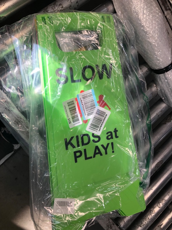 Photo 2 of Children at Play Safety Signs, 2 Pack Kids at Play Signs with Reflective Tape, Double-Sided Text and Graphics Easier to Identify, Kids at Play and Slow Down Signs for Street Neighborhoods Schools Park Sidewalk Driveway( Green) 2 Pack Green