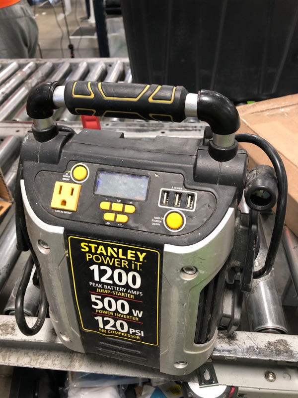 Photo 2 of Needs Charging STANLEY J5CPD Digital Portable Power Station Jump Starter: 1200 Peak/600 Instant Amps, 500W Inverter, 120 PSI Air Compressor, 3.1A USB Ports, Battery Clamps