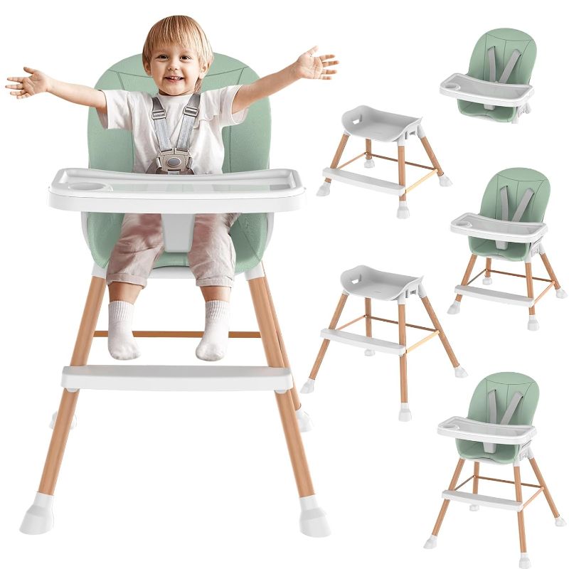 Photo 1 of Baby High Chair, 6 in 1 Baby Eating Chair,Wooden High Chair for Babies & Toddlers with Adjustable Legs, Removable Tray, 5-Point Safety Harness & Waterproof PU Cushion. Green