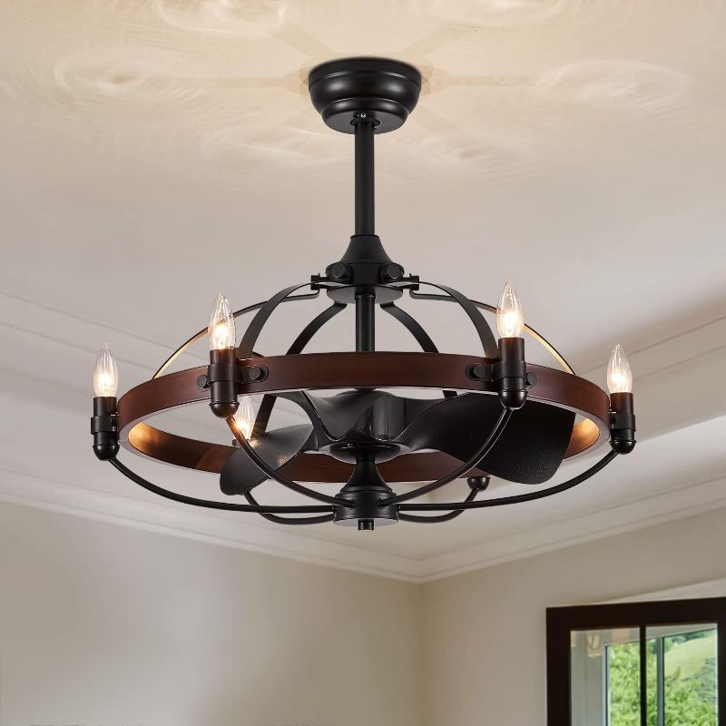 Photo 1 of ***Parts Only***27-Inch Brown Walnut Farmhouse Style Chandelier Ceiling Fan with Light and Remote Control, Bladeless Motor for Bedroom, Kitchen, Living Room, Dining Room
