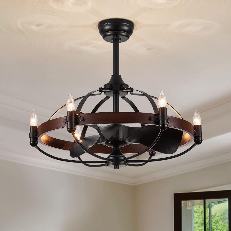 Photo 1 of 27-Inch Brown Walnut Farmhouse Style Chandelier Ceiling Fan with Light and Remote Control, Bladeless Motor for Bedroom, Kitchen, Living Room, Dining Room
