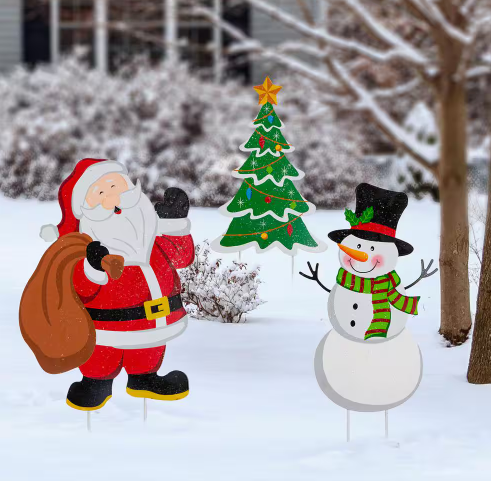 Photo 1 of 24 in. H Set of 3 Metal Santa/Snowman/Tree Yard Stake or Wall Decor ( KD, 2 Function)
