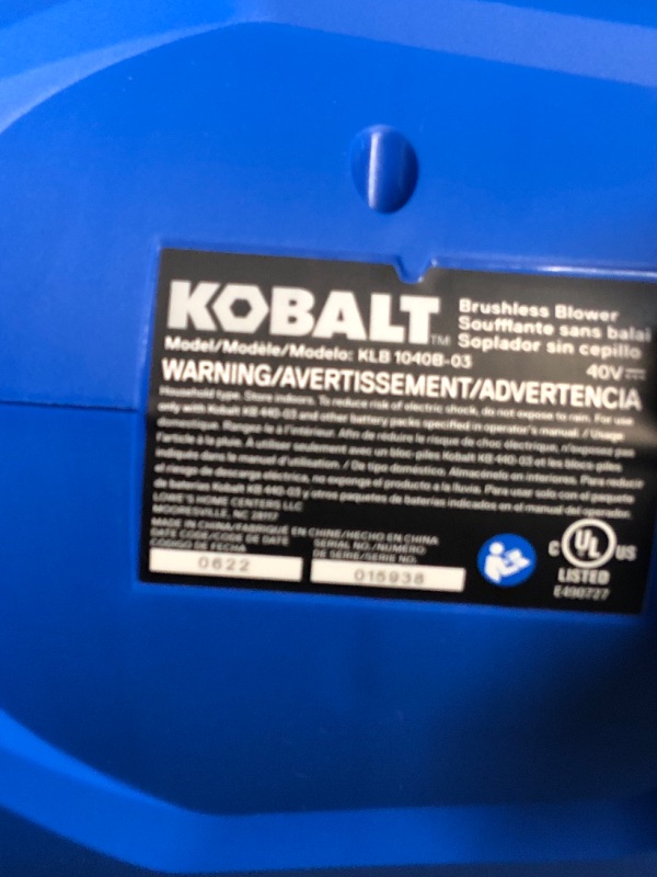 Photo 2 of Kobalt Cordless Brushless Leaf Blower 40 V Max, Battery and Charger Included KLB