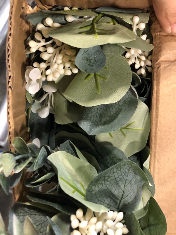 Photo 2 of 2 Pack Eucalyptus Garland Total 13.1 Ft Lush Silver Dollar Eucalyptus Leaves with White Buds Boxwood Artificial Greenery Garland Vines for Baby Shower Wedding Party Table Runner Room Home Mantle Decor B-white 2 pack