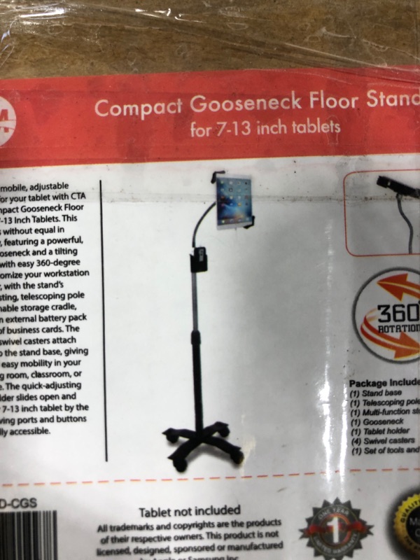 Photo 3 of Gooseneck Floor Stand – CTA’s Compact, Adjustable Gooseneck Floor Stand with Swivel Casters for iPad 7th/ 8th/ 9th Gen 10.2”, iPad Air 4, 12.9”, Surface Pro, Zebra & Other 7-13��” Tablets (PAD-CGS) Universal Universal Black