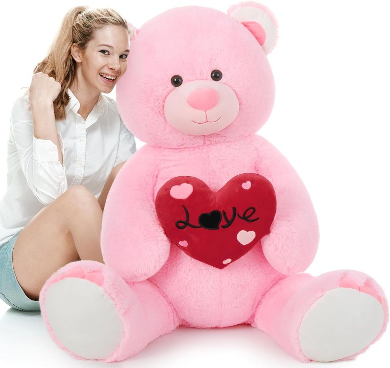 Photo 1 of 51 inch Giant Teddy Bear Stuffed Animal, 4.3 Feet Life Size Plush Teddy Bear with Big Red Lover Heart, Large Plush Valentine’s Day Pink Teddy Bear Gift for Girlfriend **USED COLOR PINK AND RED*** 