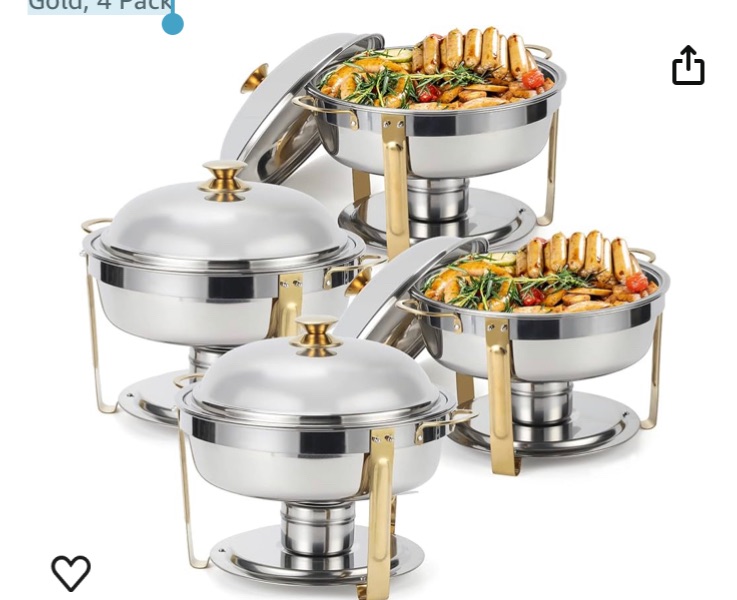 Photo 1 of 5 Qt Chafing Dish Buffet Set with Stainless Steel Lid, Round Chafers and Buffet Warmers Sets with Food and Water Trays for Catering, Parties, Hotels and Weddings, Gold, 4 Pack