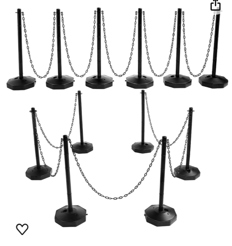 Photo 1 of 12 Pack Plastic Stanchion Post, Crowd Control Barriers with Fillable Base 5FT Chain, Plastic Barricade Stanchion Black Traffic Safety Barrier Posts for Parking Lot Construction Cones
