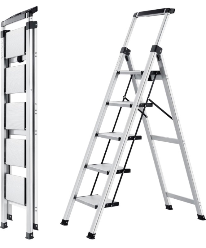 Photo 1 of 5 Step Ladder, Retractable Handgrip Folding Step Stool with Anti-Slip Wide Pedal, Aluminum Stool Ladders 5 Steps, 330lbs Safety Household Ladder