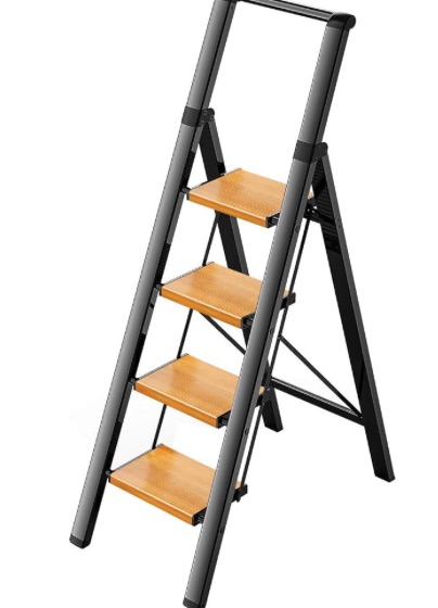 Photo 1 of 4 Step Ladder, Lightweight Folding Step Stool with Anti-Slip Aluminum Wide Pedal& Convenient Handgrip, 330lbs Capacity Steel Ladder for Household and Office (Black&Woodgrain) 1