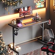 Photo 1 of Bestier Small Gaming Desk with Monitor Stand, 42 inch LED Computer Desk, Gamer Workstation with Cup Holder & Headset Hooks, Modern Simple Style Desk for Home Office, Carbon Fiber Black
