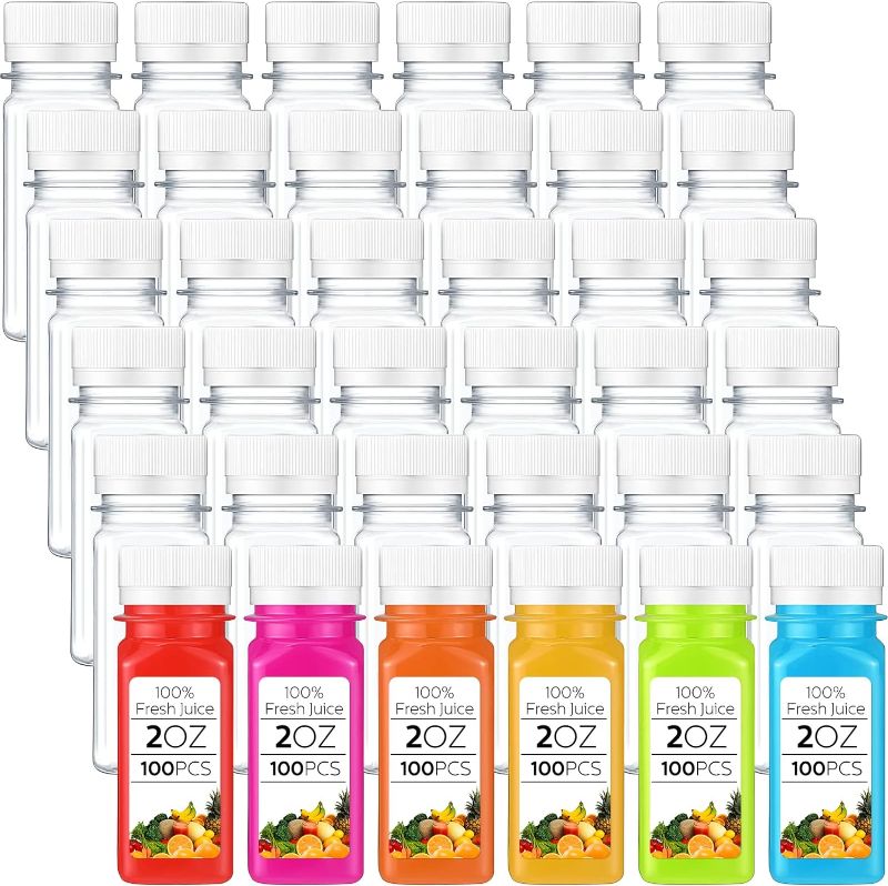 Photo 1 of 100 Pcs 2oz Small Clear Plastic Juice Bottles with Lid for Liquids Reusable Ginger Shots Bottle Vial Beverage Container Leak Proof Mini Jars for Juice, Milk, Water (White)