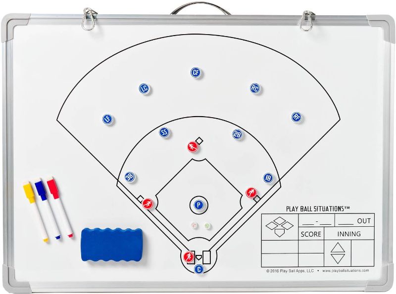 Photo 1 of *READ NOTES* Baseball Softball Situation Board for Coaches – 2-Sided, Magnetic, Dry Erase Whiteboard Training Tool – Includes Dry Erase Markers, Eraser, Position, Ball and Runner Magnets
