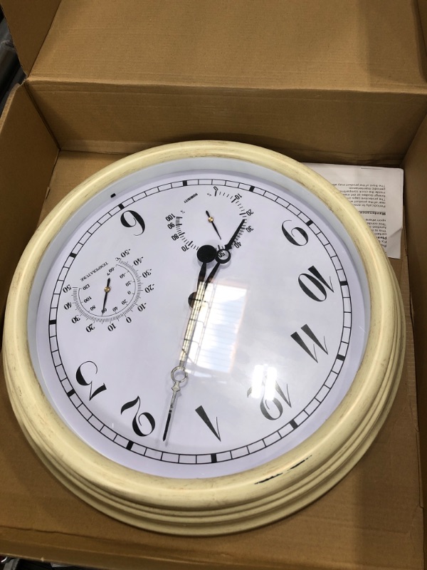 Photo 1 of 15 Inch Indoor/Outdoor Waterproof Wall Clock, Outdoor Clock with Thermometer and Hygrometer Combo, Retro Round Silent Battery Operated Quartz Wall Clock for Patio Home Bathroom Porch Pool (White) Antique White 15 inch