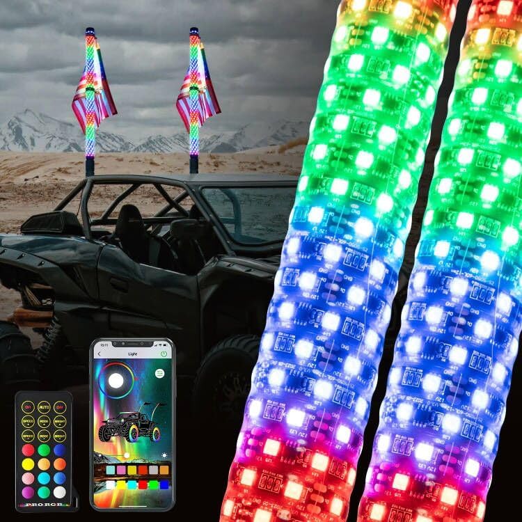 Photo 1 of 2pcs 3FT Fat LED Whip Lights with Bluetooth and Remote Control 360° Spiral Chase Offroad Warning Lighted Antenna Dancing Whips Side by Side