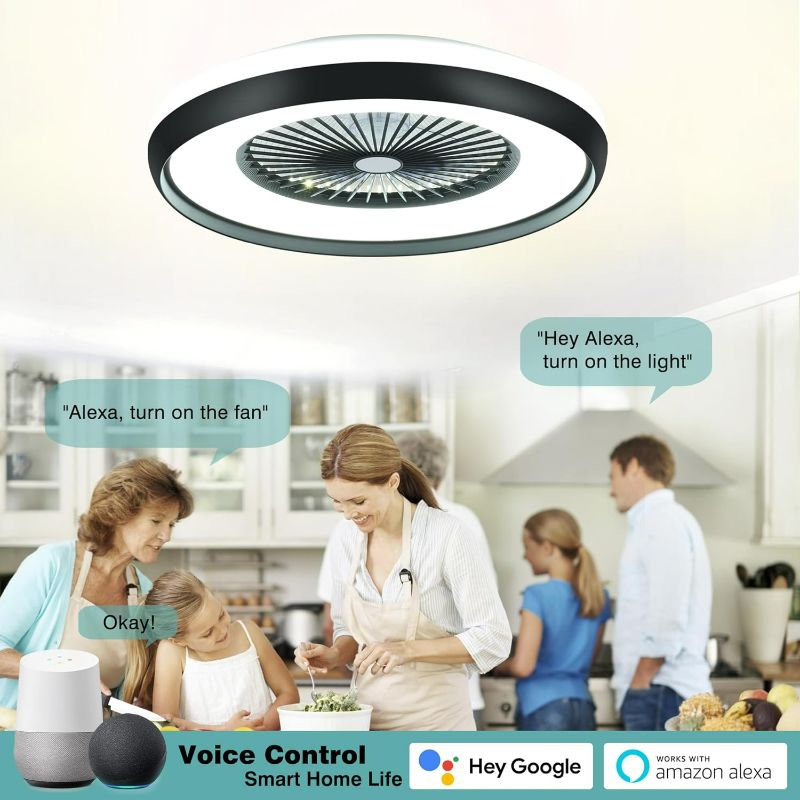 Photo 5 of (READ FULL POST) 24" Low Profile Ceiling Fans with Lights - Smart Bladeless Ceiling Fan with Alexa/Google Assistant/APP Control Dimmable Color Chaning LED-RGB Back Ambient Light, Flush Mount Ceiling Fans Black
