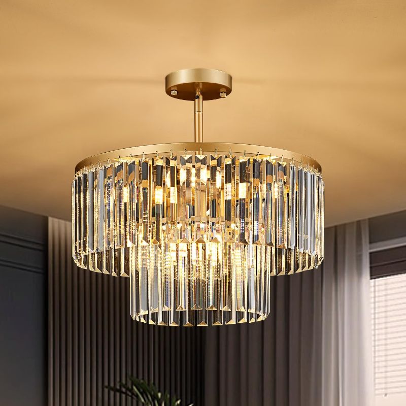 Photo 1 of 17.7“ Gold Semi Flush Mount 2-Tier Crystal Ceiling Light Fixtures for Dining Room Modern Industrial 8-Light Chandeliers Lighting for Bedroom Entryway Hallway Kitchen Island Living Room Foyer