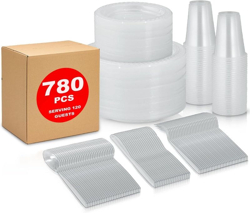 Photo 1 of 780 Piece Disposable Clear Tableware Set for 120 Guests By Framo - Microwavable Plastic Dinnerware Set of 120 9” Plates, 180 6” Dessert Plates, 120 9oz Cups, 120 Spoons, 120 Forks, 120 Knives,