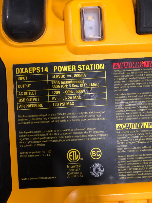 Photo 3 of DEWALT DXAEPS14 1600 Peak Battery Amp 12V Automotive Jump Starter/Power Station with 500 Watt AC Power Inverter, 120 PSI Digital Compressor, and USB Power , Yellow