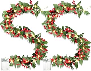 Photo 1 of 2Pack SHareconn 6FT Prelit Christmas Garland with Multi-Color String Lights/Remote/Battery Operated,Pinecone/Red Berry,Indoor Outdoor Decor for Mantle Stairs Railing Fireplace Xmas Lighted Decorations 6FT Christmas Garland Green