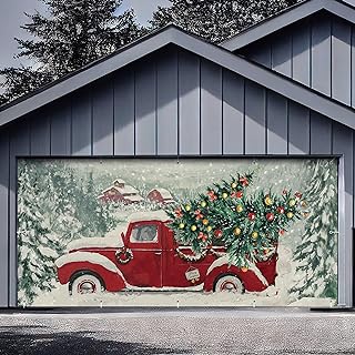 Photo 1 of Ganeen 6x13 ft Christmas Outdoor Red Truck Garage Door Banner Large Winter Forest Pine Trees Snowy Backdrop Holiday Background Sign for Xmas Garage Door Wall Decoration Props Gifts 6 x 13 ft Truck