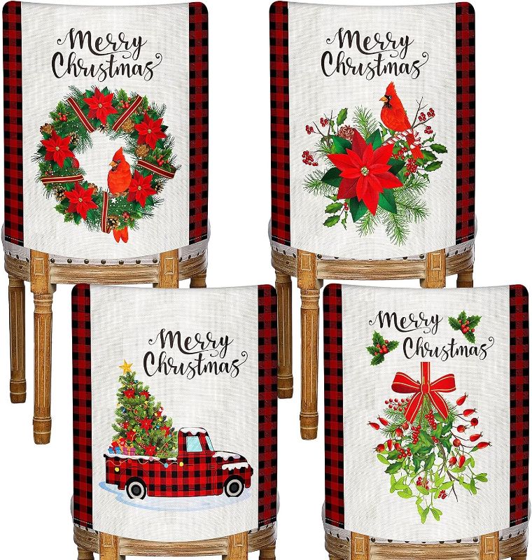 Photo 1 of 4 Pcs Christmas Chair Covers Buffalo Plaid Dining Chair Slipcovers Christmas Decorations Linen Dining Chair Back Covers Christmas Tree Flower Wreath Decor for Xmas Kitchen Dining Room Poinsettia Style