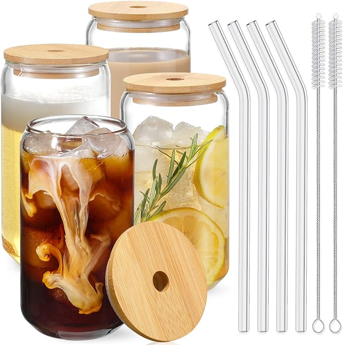 Photo 1 of Drinking Glasses with Bamboo Lids and Glass Straw 4pcs Set - 16oz Can Shaped Cups, Beer Glasses, Iced Coffee Cute Tumbler Cup, Ideal for Cocktail, Whiskey, Gift 2 Cleaning Brushes
