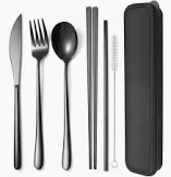 Photo 1 of AARAINBOW 6 Pieces Stainless Steel Flatware Set Portable Reusable Cutlery Set Travel Utensils Set Including Chopsticks Knife Fork Spoon Straws Cleaning Brush Dishwasher Safe (7 Black)