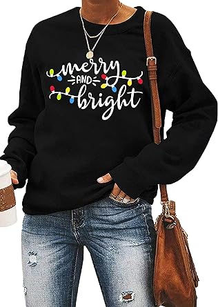 Photo 1 of FASHGL Christmas Shirt Women Merry and Bright Pullover Christmas Lights Graphic T Shirts Xmas Long Sleeves Tops Black Medium