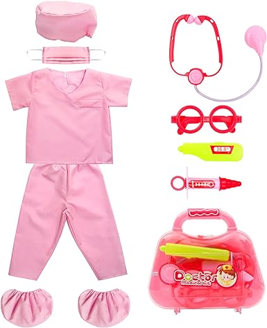 Photo 1 of 15 Pieces Doctor Costume Kit for Kids Pink Scrubs Role Play Costume Doctor Dentist Toys Kit for Boys Girls Above Age 6 Nurse Day Halloween Christmas Cosplay Accessories