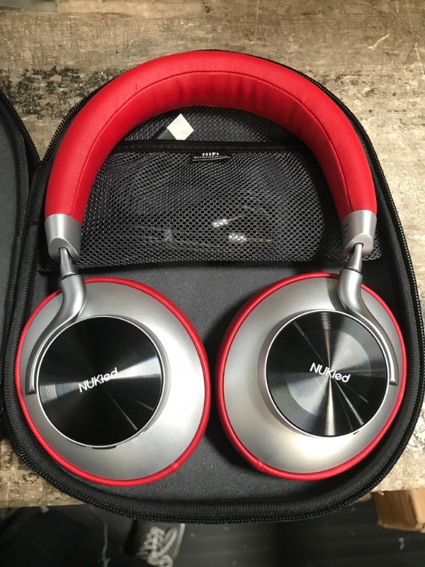 Photo 2 of Active Noise Cancelling Headphones, Hybrid Stereo ANC Headphone Wireless Bluetooth with HiFi, Quick Charge, Built-in mic,Voice Assistant, 50 Hours Playtime,Vinyl Record Style Design Red