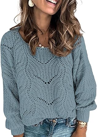 Photo 1 of Dokotoo Womens 2023 Cute Elegant Soft Crewneck Long Sleeve Hollow Cable Knit Pullover Sweaters Large Dusty Blue