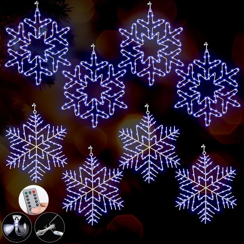 Photo 1 of 8 Pcs Christmas Window Silhouette Lights Christmas Snowflake Lights LED Lighted Snowflake Decorations Xmas Window Snowflake Lights with Remote Control Silhouette Lights for Window Wall (Warm White)