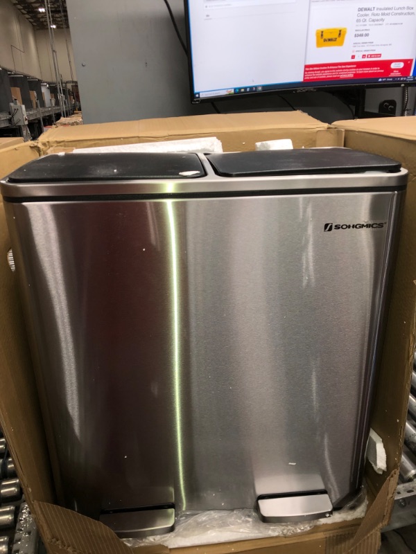 Photo 2 of *MINOR DAMAGES**SONGMICS Trash Can, 2 x 6.3-Gallon (2 x 24L) Dual Garbage Can, Pedal Recycle Bin with Lids and Inner Buckets for Small Kitchens, Stainless Steel, Soft Closure, Airtight, Silver ULTB48NL
