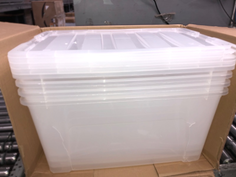 Photo 2 of *SOME BINS & LIDS ARE CRACKED**IRIS USA 72 Qt. Plastic StorEage Bin Tote Organizing Container with Durable Lid and Secure Latching Buckles, Stackable and Nestable, 4 Pack, Crystal Clear 72 Qt. - 4 Pack, Crystal Clear