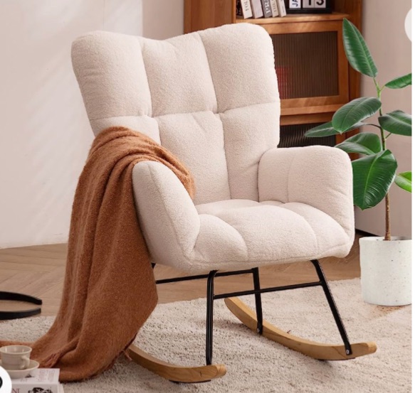 Photo 1 of *COLO MAY VARY**  Nursery Rocking Chair Teddy Upholstered Glider Rocker Rocking Accent Chair Padded Seat with High Backrest Armchair Comfy Side Chair for Living Room Bedroom Offices (Ivory Teddy)