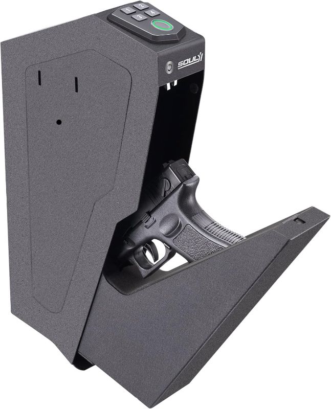 Photo 1 of SOULYI Mounted Biometric Gun Safe For Pistols, Auto Open Handgun Safe, Pistol Safe With Fingerprint Keypad Key Quick Access For Guns Storage By Desk Nightstand Wall Cabinet
