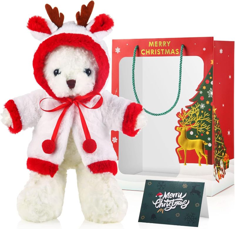 Photo 1 of Bear with Christmas Robe Toys 16 Inch Xmas Plush Stuffed Teddy Bear Animal with Greeting Card and Bag for Christmas Thankgiving Day Autumn Gift(Snow White Xmas Bear)
