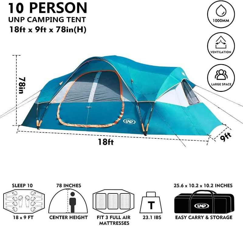 Photo 1 of (READ FULL POST) UNP Camping Tent 10-Person-Family Tents, Parties, Music Festival Tent, Big, Easy Up, 5 Large Mesh Windows, Double Layer, 2 Room, Waterproof, Weather Resistant, 18ft x 9ft x78in
