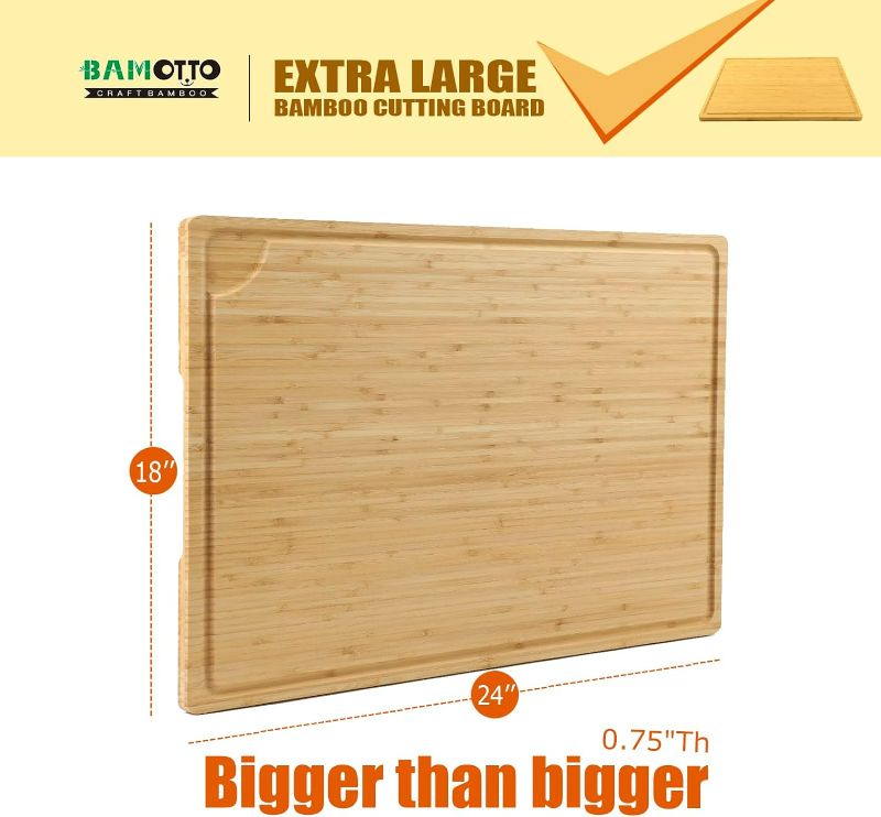 Photo 3 of (READ FULL POST) Extra Large 100% Organic Bamboo Cutting Board, 24x18 Inch Butcher Block Chopping/Carving Board with Handle and Juice Groove for Turkey, Meat, Vegetables, BBQ (XXL, 24" x 18"?
