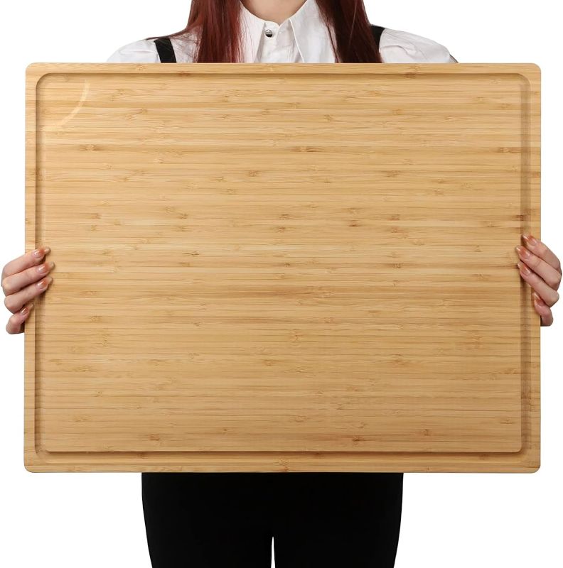 Photo 1 of (READ FULL POST) Extra Large 100% Organic Bamboo Cutting Board, 24x18 Inch Butcher Block Chopping/Carving Board with Handle and Juice Groove for Turkey, Meat, Vegetables, BBQ (XXL, 24" x 18"?
