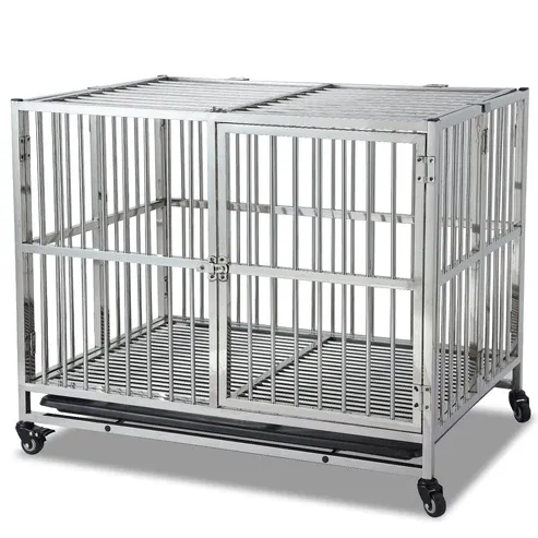 Photo 1 of 38 Inch Heavy Duty Dog Crate with Wheels Full Stainless Steel Double Door Removable Tray
