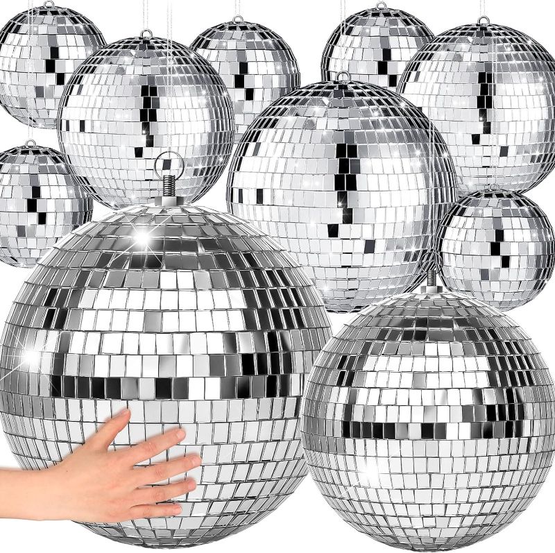 Photo 1 of 17 Pack Large Disco Ball Hanging Disco Ball Small Disco Ball Mirror Disco Balls Decorations for Party Wedding Dance and Music Festivals Decor Club Stage Props DJ Decoration (8, 6, 3.2 Inch)